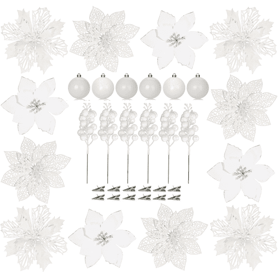 24 Pcs Christmas Poinsettia Flowers Set, Christmas Tree Decorations Artificial Christmas Flowers,Glitter Berries Stems,Christmas Balls,Wedding Decor Xmas Tree New Year Ornaments,White
