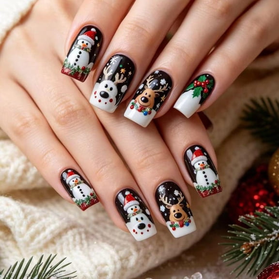 24 Pcs Christmas Press on Nails Christmas Glue on Nail Short/Medium Square Press on Nails, with Christmas Tree Snowflake Reindeer Design Fake Nails for Women - 12 Sizes