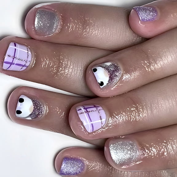 24 Pcs Christmas Press On Nail Short Square False Nail Glittering Artificial Nail Snowman Full Cover Stick on Nail