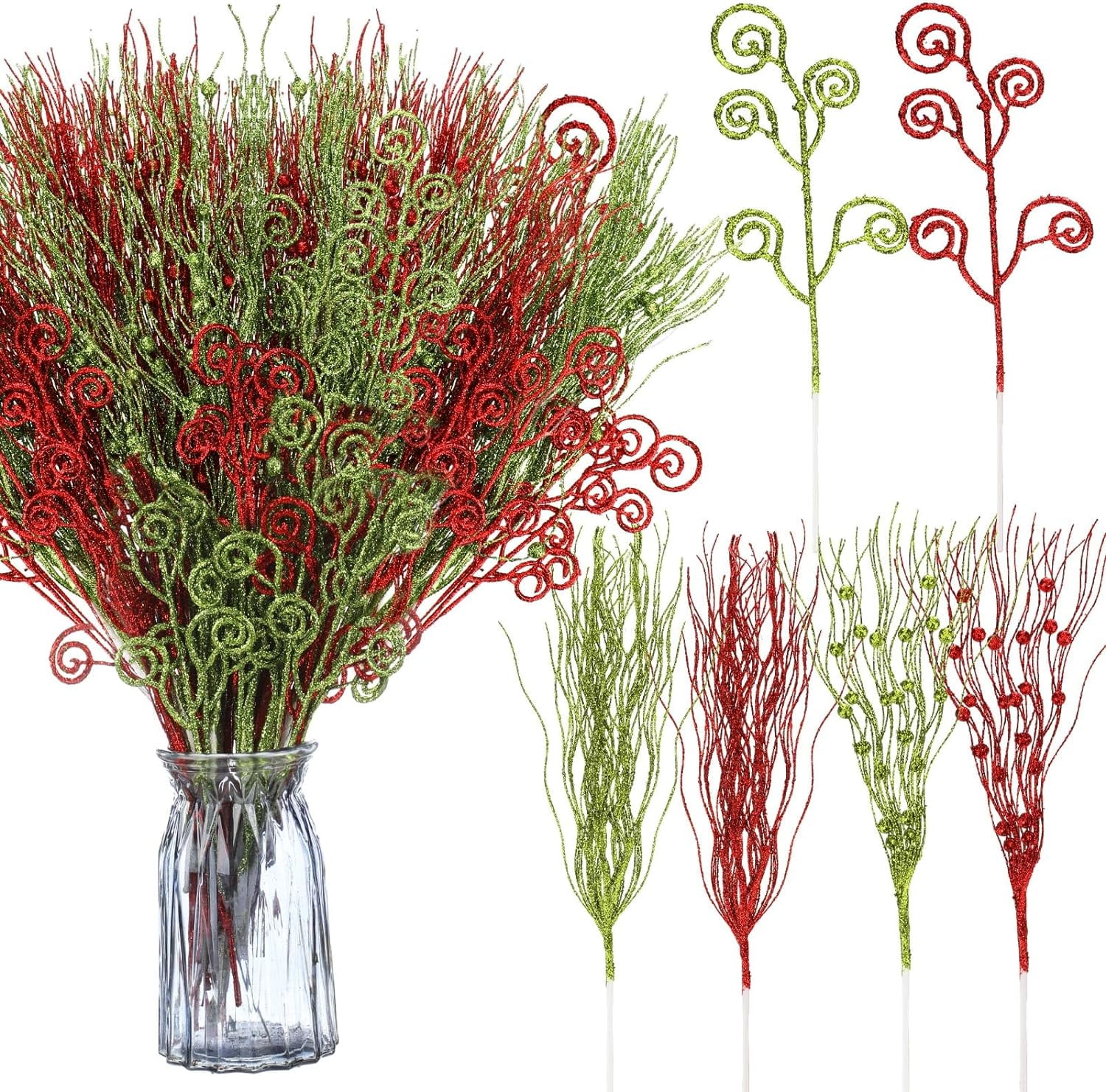 24 Pcs Christmas Red Green Artificial Glitter Curly Berry Stems Ornaments, Fake Christmas Candy Picks, Decorative Glitter Sticks Branches, for Xmas Tree Wreath Crafts Vase Filler Home