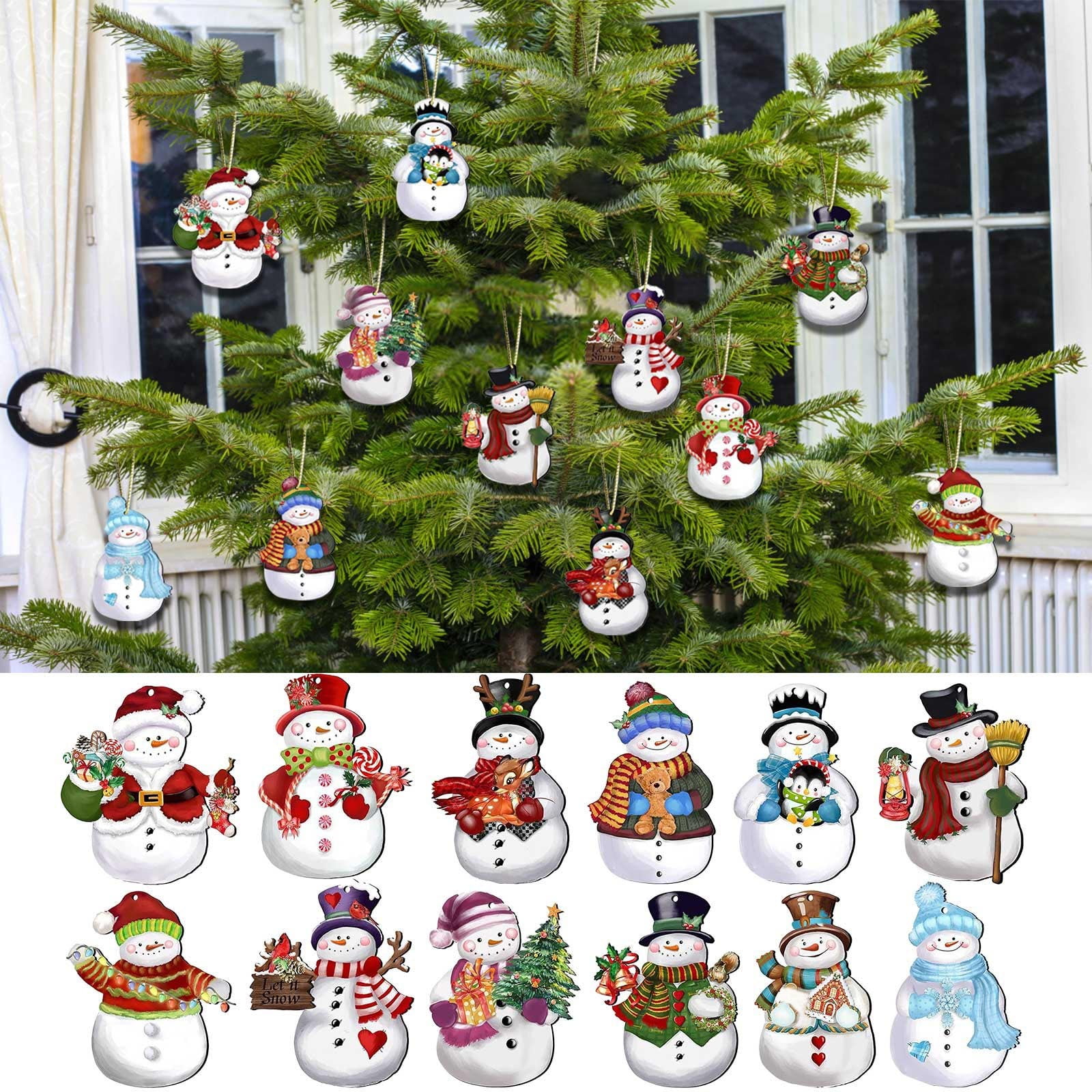 24-Piece Vintage Wooden Snowman Hanging Ornaments Set