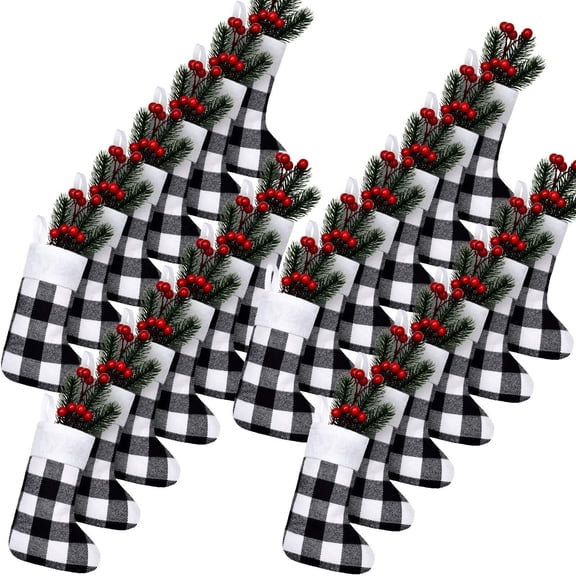 24 Pcs Christmas Stockings Bulk Mini Xmas Buffalo Plaid Stocking Plush Cuff Hanging Decorations for Holiday Party Favors(24 Pcs,Black White,Plaid)