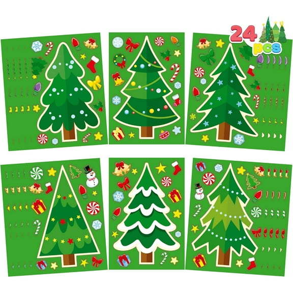 24 Pcs Christmas Tree Stickers, Make Your Own Christmas Tree Green Stickers Sheets, Party Favors for Kids Xmas Party Supplies, Classroom Games, Stocking Stuffers Holiday Presents
