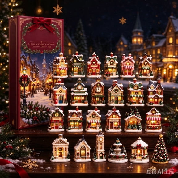 24 Pcs Christmas Village House Advent Calendar Set, 24 Days Countdown 2D Lighted Mini House Figurines, Holiday Town Building Ornaments with Gift Box