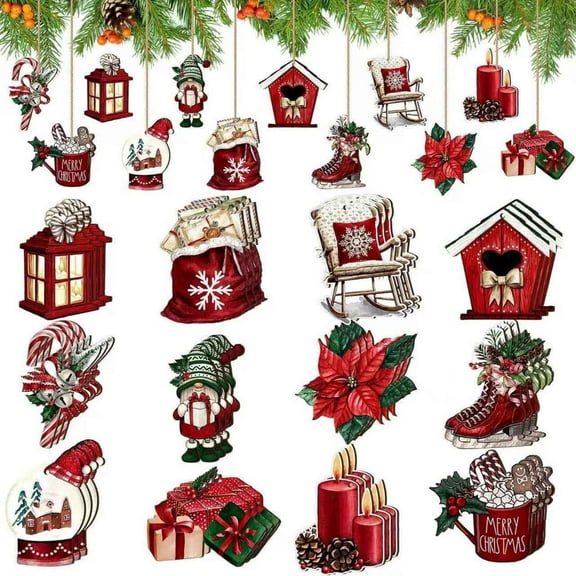 24 Pcs Christmas Wooden Ornaments, Christmas Tree Ornaments Wood Hanging Decor for Christmas Tree Decoration Party Supplies, Xmas Ornaments Set