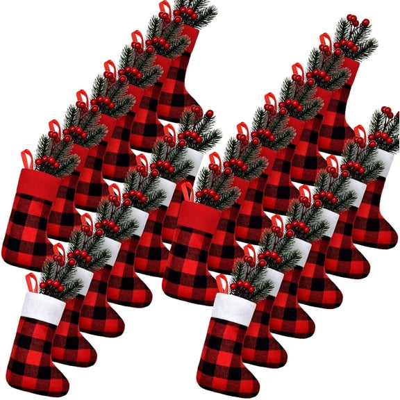 24 Pcs Classic Style Christmas Stockings Bulk 8.3 Inch Mini Christmas Stockings Xmas Buffalo Plaid Stocking Plush Cuff Stockings Hanging Decorations for Holiday Party Favors