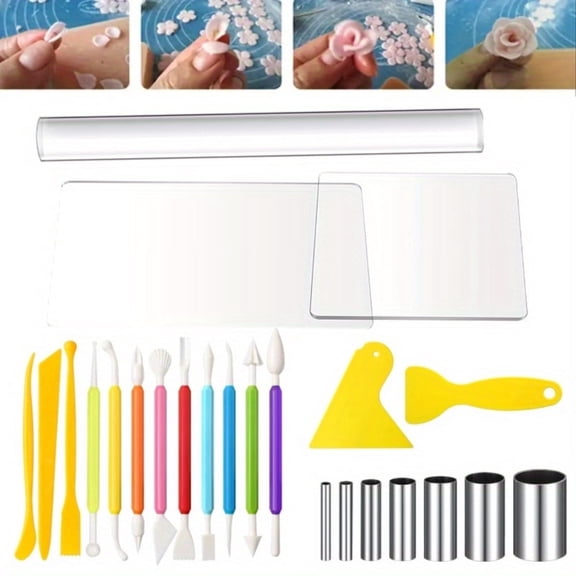 24 Pcs Clay Sculpting Tools Kits Polymer Clay Tools DIY Set with Roller, Acrylic Sheet, Scraper Backing Board, Round Circle Shape Cutter, Shaping for Art Craft