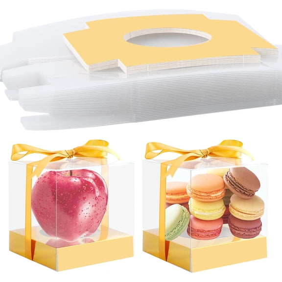 24 Pcs Clear Plastic Cupcake Boxes, 3.5 Inch Single Cupcake Containers for Cake Dessert, Individual Cake Storage Holder with Ribbon Wedding Birthday Party Favor (Gold)