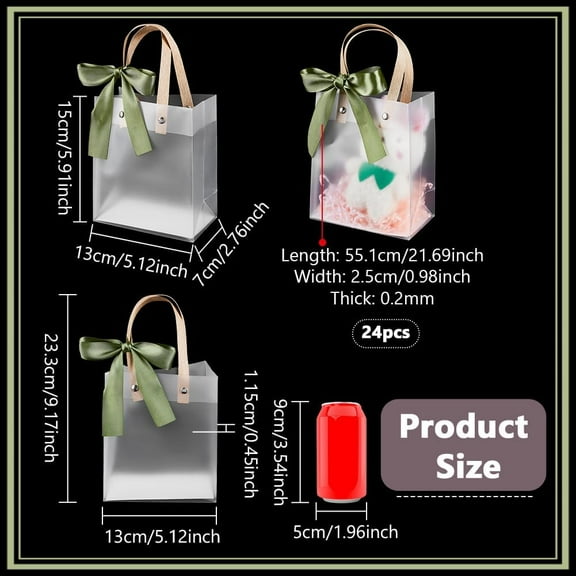 24 Pcs Clear Plastic Gift Bags with Handles 9.2x5.1x2.8inch Frosted Gift Bags with Olive Drab Ribbon Party Favor Bags Reusable Clear White Bag for Wedding Shower Hotel Guests