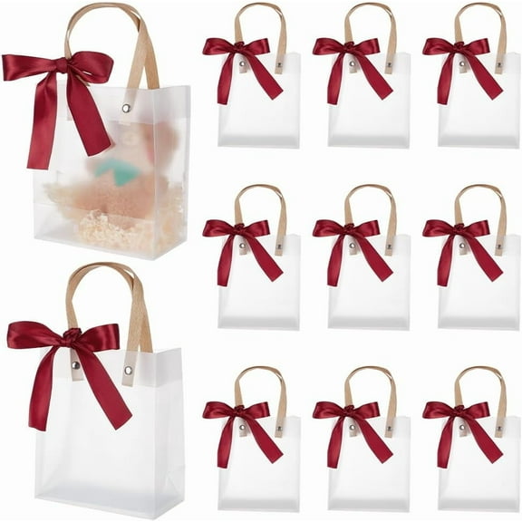 24 Pcs Clear Plastic Gift Bags with Handles 9.2x5.1x2.8inch Frosted Plastic Gift Bags with Dark Red Ribbon Party Favor Bags Reusable Plastic Clear White Bag for Wedding Shower Hotel Guests
