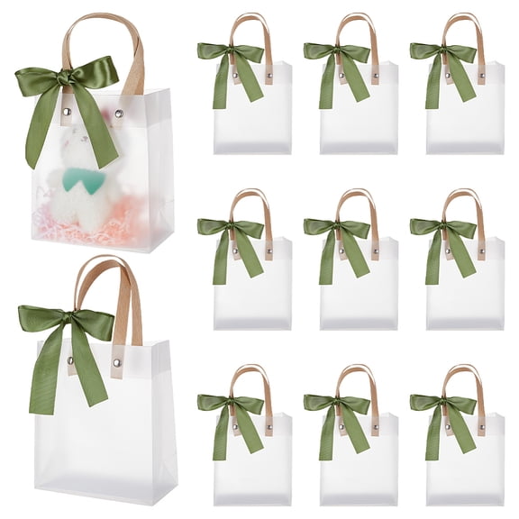 24 Pcs Clear Plastic Gift Bags with Handles 9.2x5.1x2.8inch Frosted Plastic Gift Bags with Olive Drab Ribbon Party Favor Bags Reusable Plastic Clear