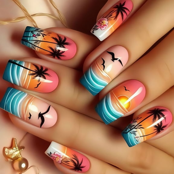 24 Pcs Coconut Tree Stick on Nails Seagulls Artificial Nails Mediums Square False Nails Glossy Press On Nails for Woman