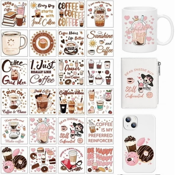 24 Pcs Coffee Theme UV DTF Cup Wrap Boho DIY Heat Transfer Paper Various Types of Coffee Patterns Rub on Decals Waterproof PVC Transfer Stickers for Glass Cups Wood Crafts 8x8cmMixed Color