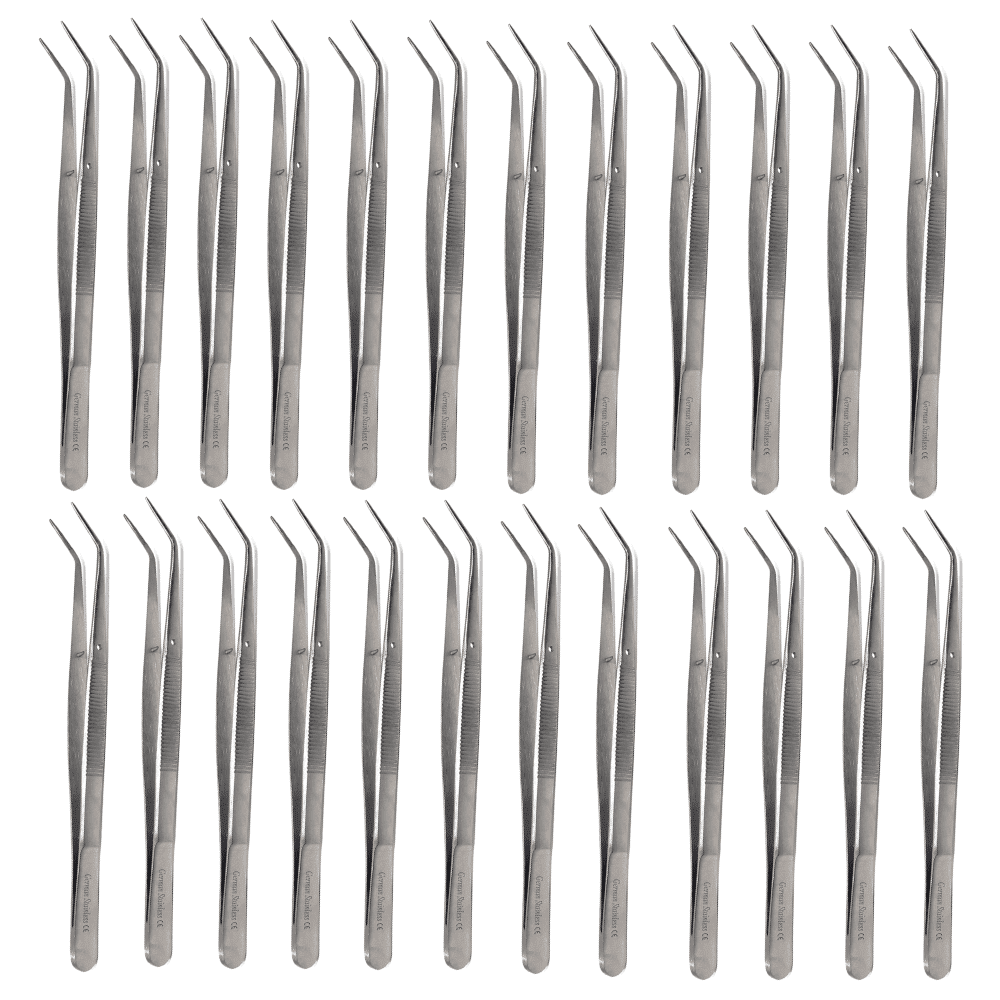 24 Pcs College Cotton Plies Lab Tweezers Angled Serrated Tips Made of Stainless Steel Multipurpose Tweezers - 6"