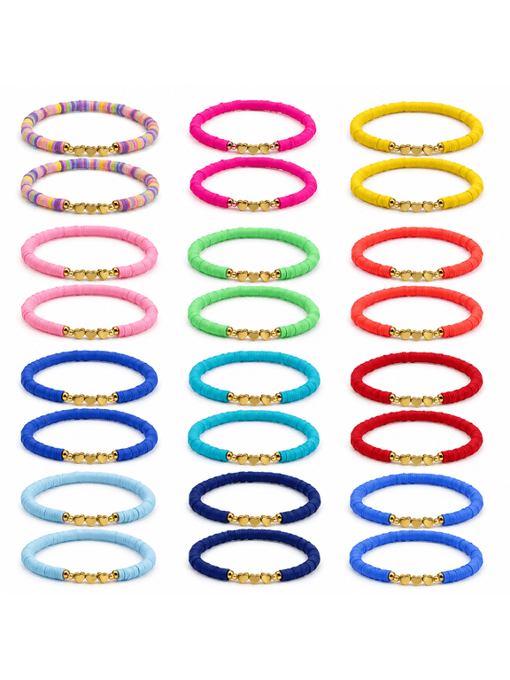 Friendship Heart Beaded Bracelets,24 Pack Stretch Bracelets for Women Multicolor