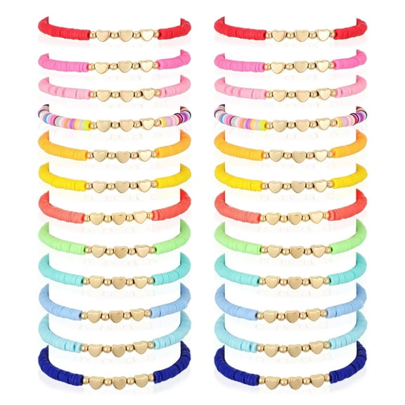 Colorful Friendship Heart Bracelets 24 Pcs, Beaded Bracelets for Women, Boho Jewelry, Surfer Stretch Beaded Bracelets for Party Favors