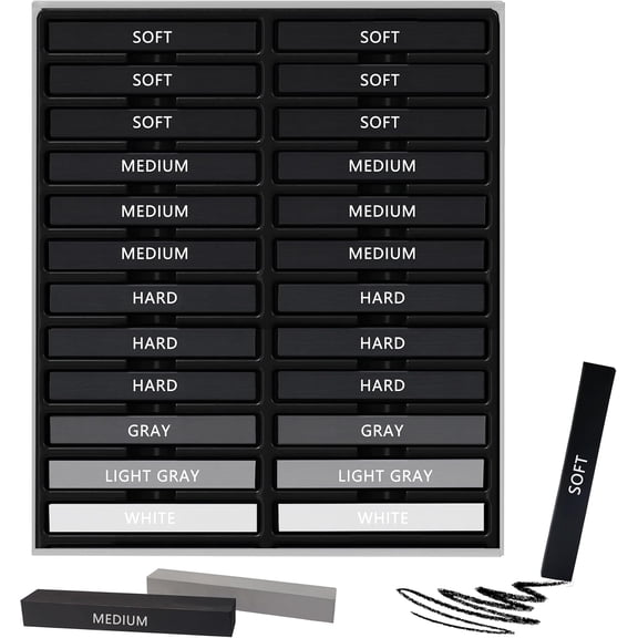 24 Pcs Compressed Charcoal Sticks with Soft, Medium, Hard and White Charcoal, Square Vine Charcoal Stick Kit for Drawing, Sketching and Shading, Art Supplies for Artists Beginners