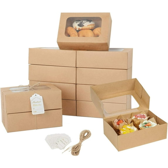 24 Pcs Cookie Boxes with Window for Paper Gift Giving Brown Bakery 9 x 6.3 3 Inch, Easy Estate Holiday Packaging Cookie, Cupcaked, Donuts & Pastries