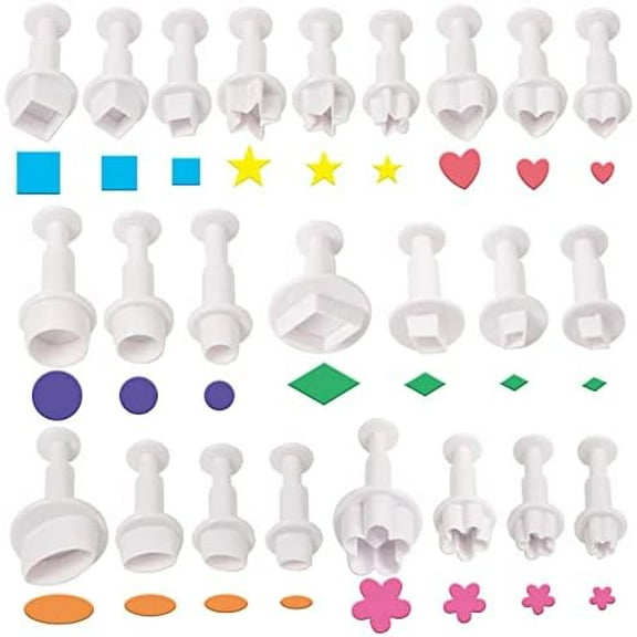 dxynlzq 24 Pcs Cookie Cutters Fondant Cake Cookie Plunger Cutter Mini Plastic Biscuit Plunger Fondant Decorating Mold Heart/Square/Oval/Circular/Star/Diamond/Flower