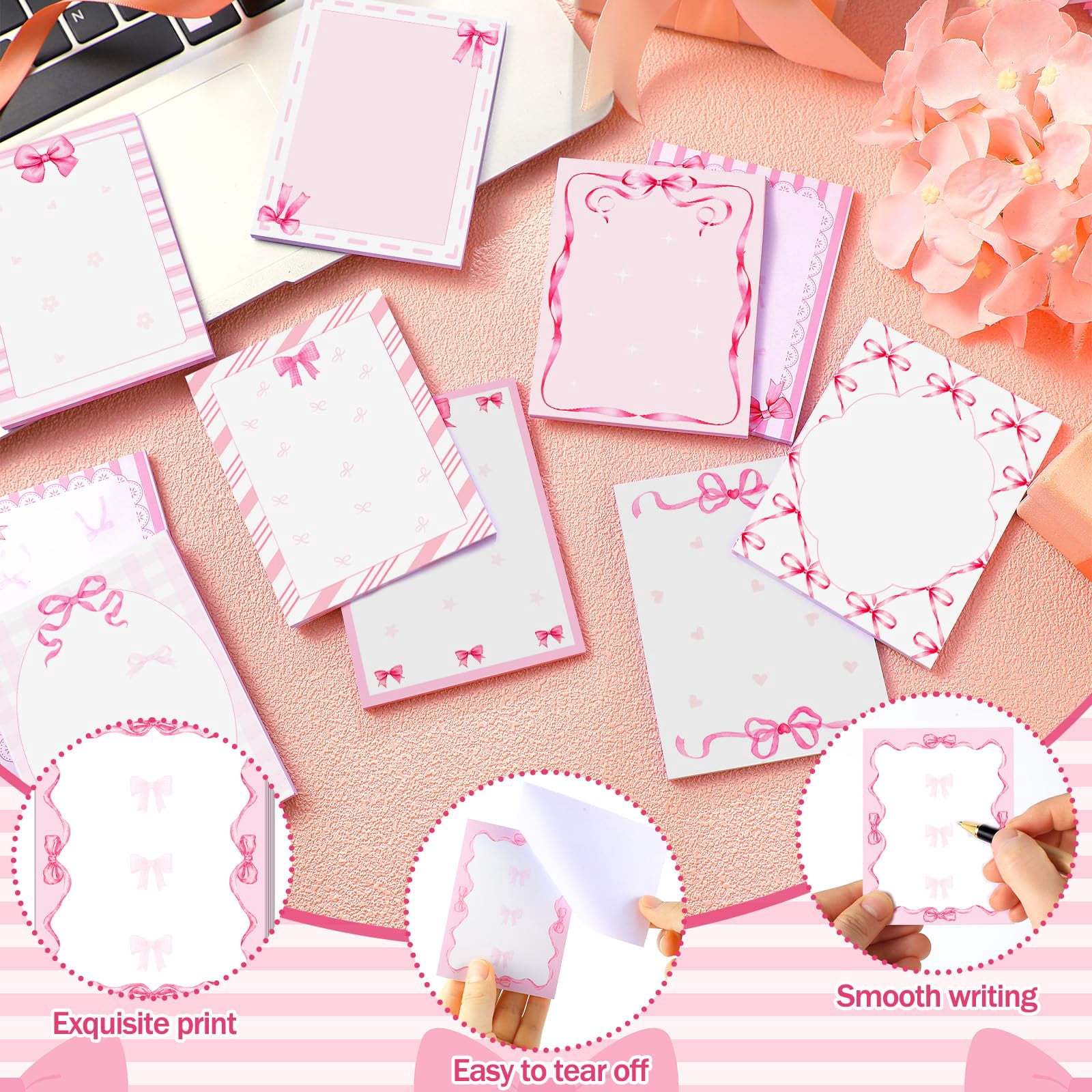 24 Pcs Coquette Pink Bow Sticky Notes Notepad 4 x 3 Inches Party Favors ...