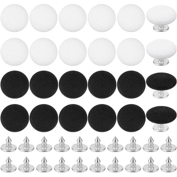 24 Pcs Cotton Iron Baseball Cap Buttons 0.55 Inch Flat Round Replacement Buttons White & Black Cloth Covered