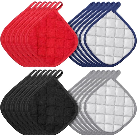 24 Pcs Cotton Pot Holders for Kitchen, 7 x 7 Inches Heat Resistant Potholders Bulk Hot Pads 4 Colors Washable with Hanging Loops for Cooking Baking Black Gray Blue Red