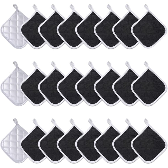 24 Pcs Cotton Pot Holders for Kitchen Heat Resistant, 7 x 7 Inch Pot Holders Bulk with Hanging Loops Square Potholders Oven Hot Pads for Kitchen Cooking Baking (Grey & Black)