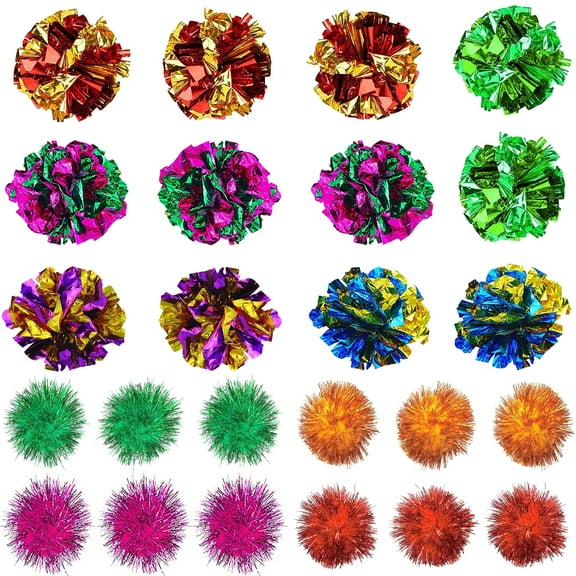 24 Pcs Crinkle Balls Cat Toy - 12 Pcs Mylar Crinkle Ball Cat Toy, 12 Pcs Sparkle Ball Tinsel Pom Poms Glitter, Richful Cat’s Favorite Toy Set for Interacting