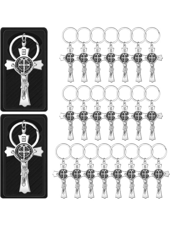 24 Pcs Cross Keychain, Silver Tone Religious Keepsake Pendant with Alloy Crucifix Design, Baptism Favor Gifts, Communion Accessories and Meaningful Event Souvenirs