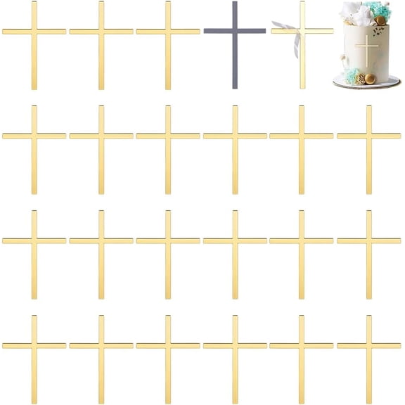24 Pcs Crossing Cupcake Toppers 3.89x2.71x0.04inch Golden Color Mirror Acrylic Wedding Cake Decoration Baptism Cake Toppers Religious Celebration Charm
