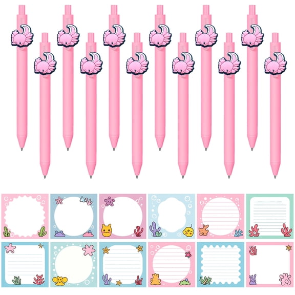 24 Pcs Cute Pink Stuff,12 Pink Pens and 12 Pads Pink Sticky Notes,Pink Gifts,Black Ink Ballpoint Pens for Birthday Party Gift Women Office Home Supplies