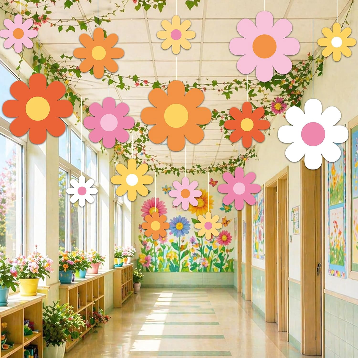 24 Pcs Daisy Party Banners Decoration Groovy Hanging Garland Colorful Flowers Paper Cutouts Hippie for Spring Birthday Shower Wedding Parties Favor Supplies