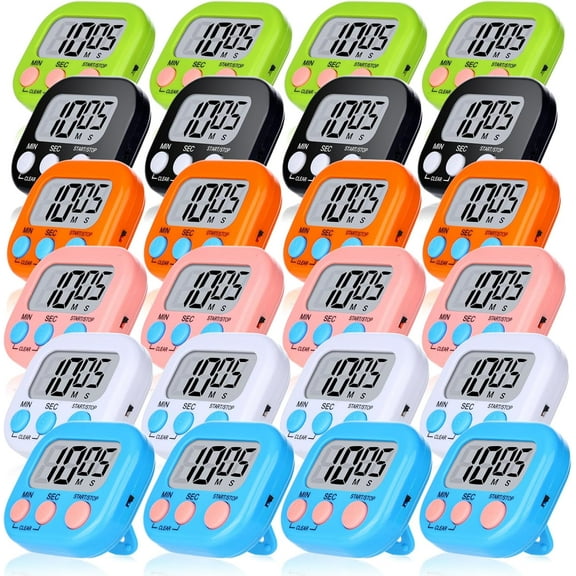 24 Pcs Digital Timer with Magnetic Back, 6 Colors Mini Countdown Stopwatch with Loud Alarm for Classroom, Kitchen, Cooking, Study, Work, Baking, Sports, Games, and Office
