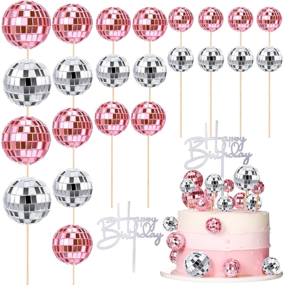 24 Pcs Disco Ball Cupcake Toppers Happy Birthday Cake Topper 1970s Retro Cake Decorations Shiny Pink Mini Disco Ball Toppers for 70s 80s Theme Party Supplies(Pink and Silver)