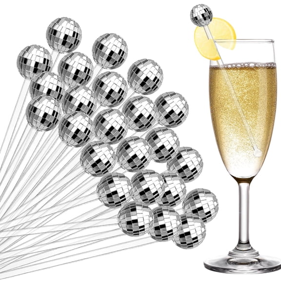 24Pcs Disco Ball Cocktail Stirrers, 8 Inch Silver Mirror Ball Swizzle Sticks, Disco Party Decoration for 70s 80s Theme Party, Bachelorette, Wedding, Birthday, Bar Supplies