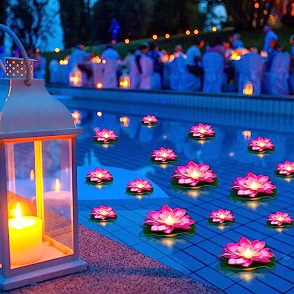 24 Pcs Diwali Lotus Decoration Pool Floating Lights Artificial Flowers Lotus with LED Lily Pads Water Lantern for Indian Puja Home Decoration 3.94 Inch 5.91 Inch Pink