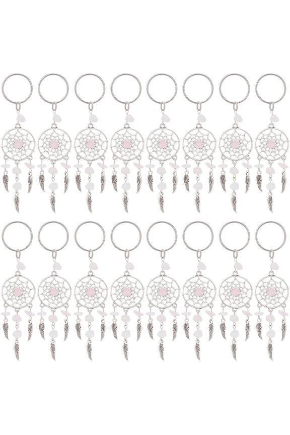 24 Pcs Dreamcatcher Charms Natural Rose Quartz Chips Embellished Alloy Dream Catcher Pendants with 316 Stainless Steel Key Rings for DIY Jewelry Crafts Key Chain Hanging Decors