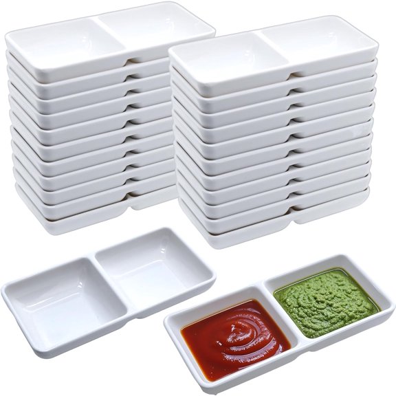 24 Pcs Dual Dipping Bowls, Melamine Sauce Dishes with 2 Compartments, Divided Fondue Plates for Serving Soy Sauce, Ketchup, BBQ, Wasabi, More, Perfect for Parties, Restaurants, Everyday Kitchen Use
