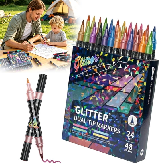 24 Pcs Dual Tip Glitter Markers Set 24 Colors Metallic Brush Art Marker Pens 10ml Large Capacity for Journaling Doodling Scrapbooking Card DIY Painting Crafts Multi