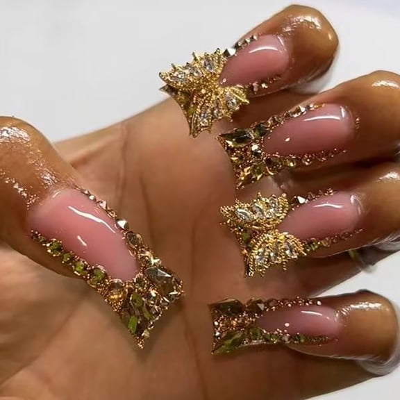 24 Pcs Duck Shaped False Nails Butterfly Artificial Nails French Tip On Nails Glittering Press On Nails for Woman