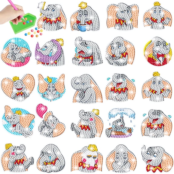 24 Pcs Dumbo Diamond Art Painting Sticker Kits for Kids-Cartoon Diamond Gem Stickers Kit,5D Gem Art Stickers Mosaic