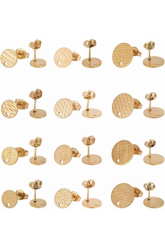 24 Pcs Ear Stud Findings 3 Sizes Golden Flat Round Earrings Posts with Ear Nuts Assorted Textured Earrings Components for Women DIY Earring Jewelry Making