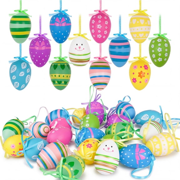24 Pcs Easter Eggs Ornaments Tree Decorations Multicolored Easter Hanging Eggs Bulks for Basket Holiday Spring Party Favors Tree Decor