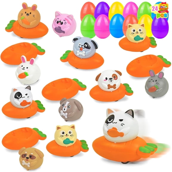 24 Pcs Easter Eggs with Toys Inside, Filled Easter Eggs Easter Gift, Easter Party Supplies, Easter Basket Stuffers for Toddlers, Prefilled Easter Eggs Pull Back Animals and Carrots Car Set