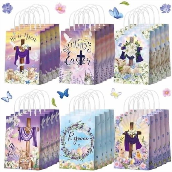 24 Pcs Easter Gift Bags with Handle He Is Risen Party Favor Bags Christian Cross Goodie Easter Paper Bag Religious Candy Treat Pouch for Church Home Decor Party Supplies