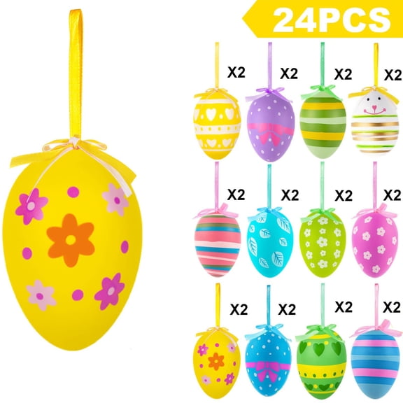 24 Pcs Easter Hanging Eggs, Colorful Plastic Easter Egg Hanging Ornaments, Decorative Hand Painted Ball DIY Crafts Tree Ornaments for Party Home Spring Decoration