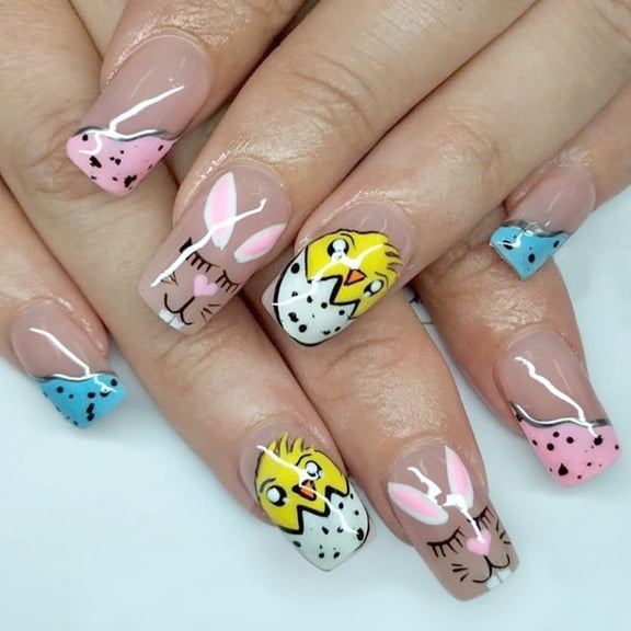 24 Pcs Easter Press on Nails Short Square Fake Nails, Spring Press on Nails with Cute Bunny and Floral Design, Full Cover False Nails Tips Acrylic Nails Glue on Nails for Women Kids Easter Nail Art