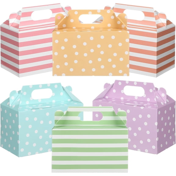 24 Pcs Easter Treat Boxes Pastel Polka Dot Stripe Gift Paperboard Box Spring Colorful Paper Candy Gift Gable Bags with Handle for Easter Holiday Party Cookie Goodie Snack Packaging