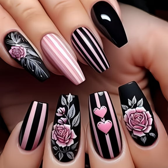 24 Pcs Elegant Rose Press On Nails Set - Romantic Design for Effortless Glamour