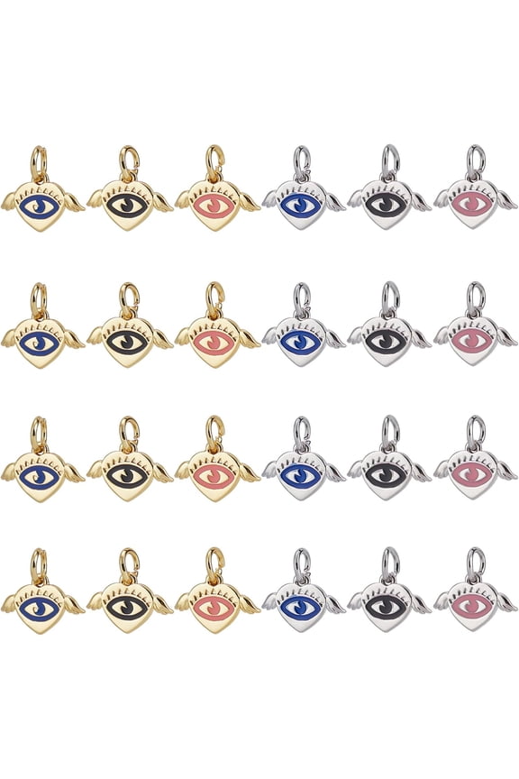 24 Pcs Evil Eye Charms 6 Colors Heart with Wing Enamel Charms Evil Eye Alloy Pendants for Earring Necklace Valentine's Day